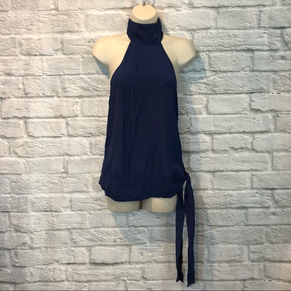 NWT Haute Hippie XS Prussian Blue 100% Silk Halter Neck Open Back Blouse Top